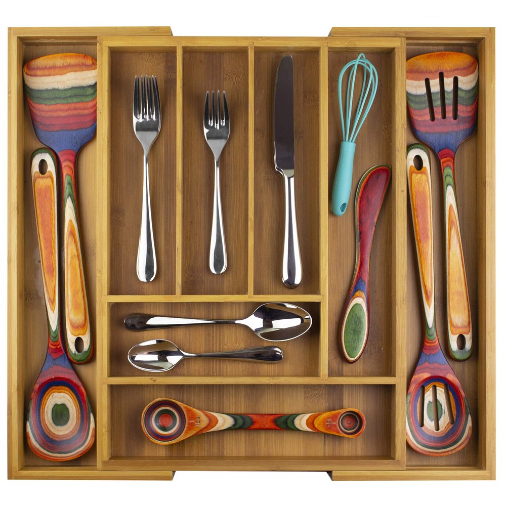 Totally Bamboo Kitchen Drawer Organizer, Expandable Silverware Organizer and Utensil Holder, 8 Compartments with Dividers