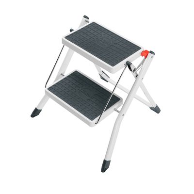 Hailo MK60 Mini Steel Step Stool - Two Large Anti-Slip Steps, 330 lb Capacity - Safety Release Button, Carry Handle - Easy Storage - White