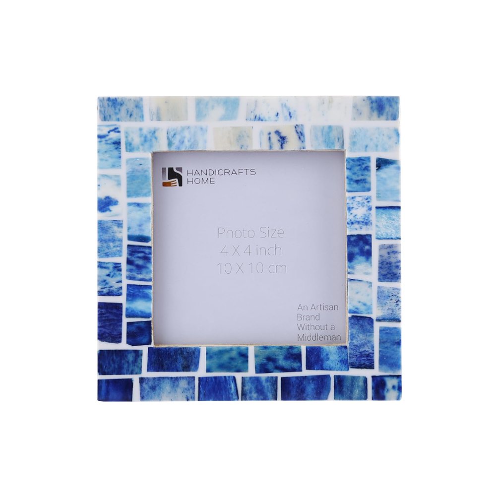Handicrafts Home Blue Picture Frame, Handmade Bone Inlay 4x4 Photo Frame, Mosaic Indigo Pattern, Artisan Crafted Blue & White Frame for Wall & Tabletop, Coastal Modern Farmhouse Decor, Gallery Wall, Desk & Shelf Styling, Bedroom & Living Room Picture
