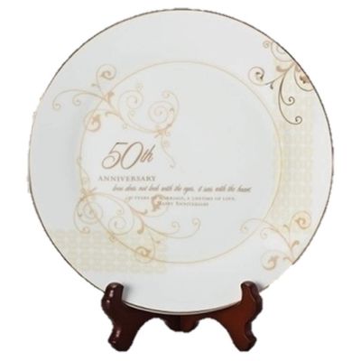 Roman 50th Wedding Anniversary Plate 2-Piece Set with Decorative Plate and Stand, Golden Celebration Gift for Couples