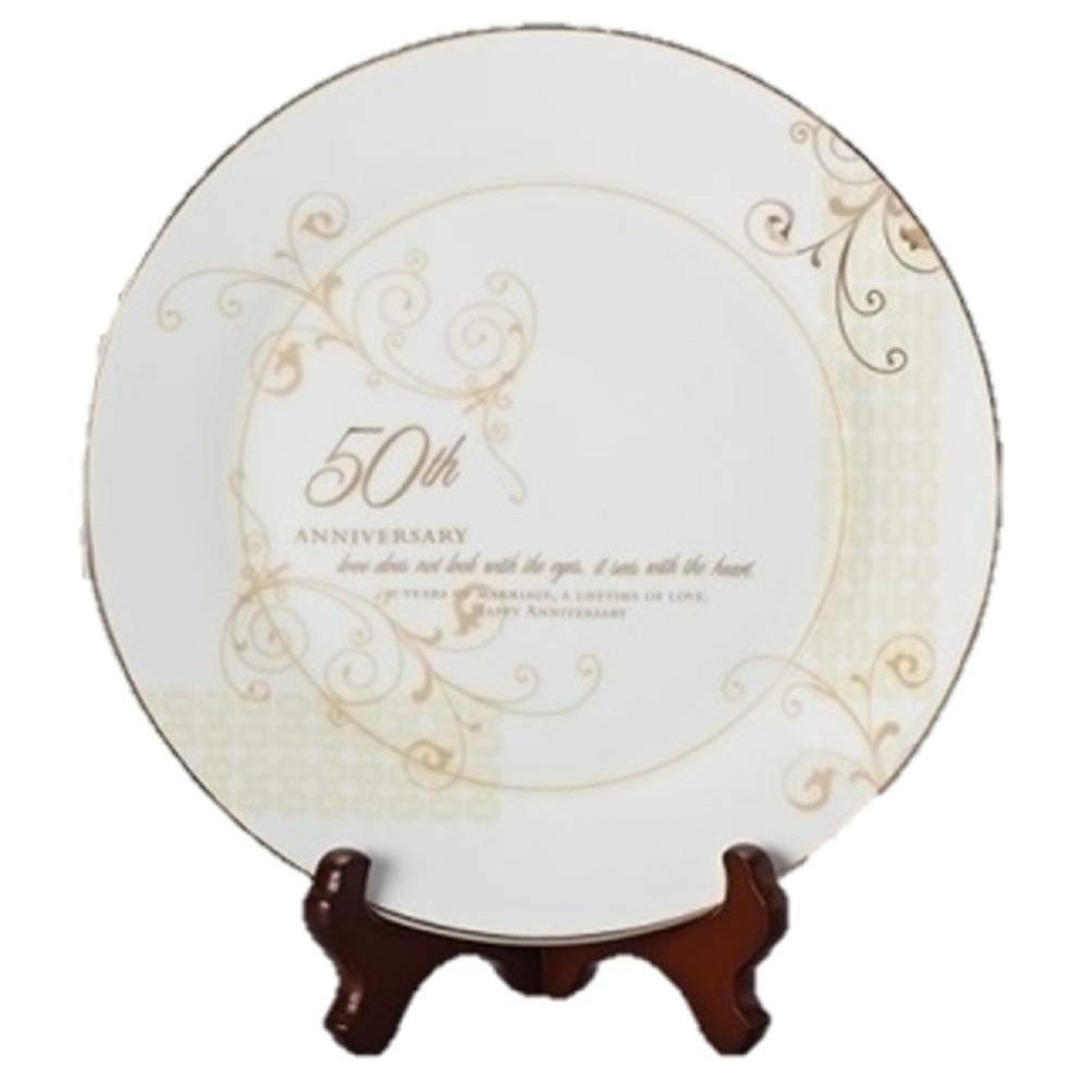 Roman 50th Wedding Anniversary Plate 2-Piece Set with Decorative Plate and Stand, Golden Celebration Gift for Couples