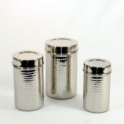 3SCompany Set of 3 canisters, stainless steel, hammered, shinny, sizes : 4.75x6 ht / 4.25x5.5 ht / 3.75x5ht inches