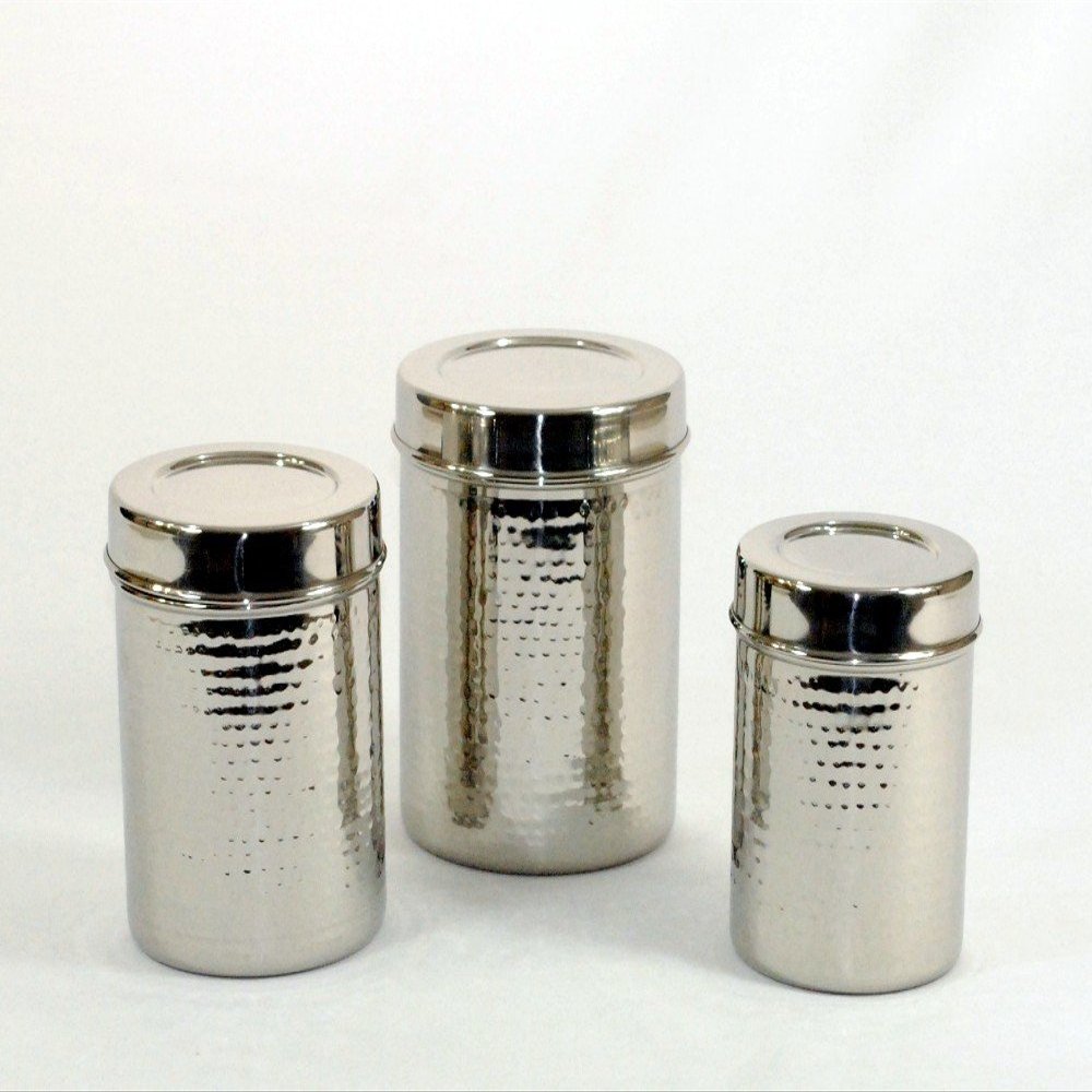 3SCompany Set of 3 canisters, stainless steel, hammered, shinny, sizes : 4.75x6 ht / 4.25x5.5 ht / 3.75x5ht inches