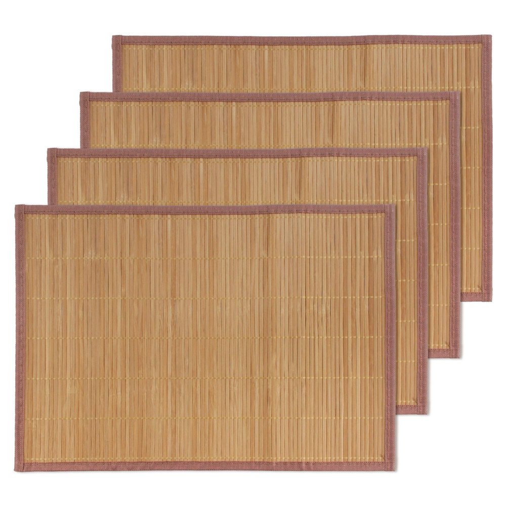 BambooMN Bamboo Slat Placemat with Brown Fabric Border - Solid Color Print - 18" x 13" - Carbonized Brown - 4pc