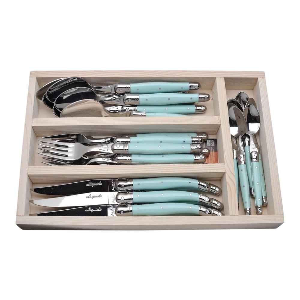 Jean Dubost JD07-13154.TQ 24 Piece Everyday Flatware Set With Handles In a Tray, Turquoise