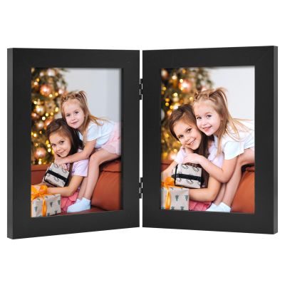 Frametory, 5x7 Double Picture Frame - Real Glass Hinged 2 Photos Collage, Desktop Picture Frame Standing Vertical (Black, 1 Pack)