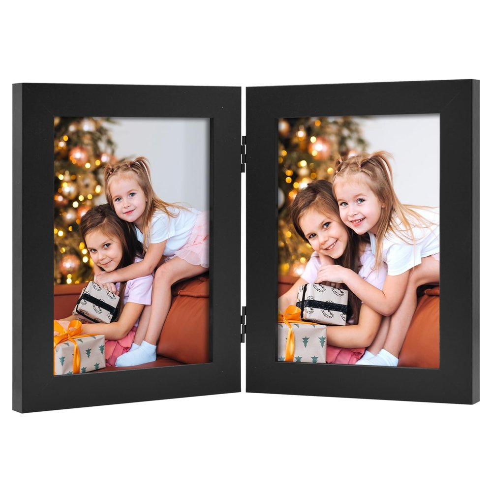 Frametory, 5x7 Double Picture Frame - Real Glass Hinged 2 Photos Collage, Desktop Picture Frame Standing Vertical (Black, 1 Pack)