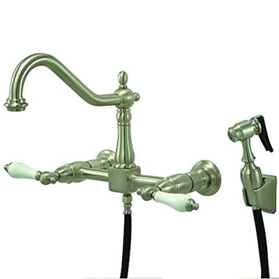Kingston Brass KS1248PLBS Heritage Wall Mount Bridge Kitchen Faucet with Brass Spray, Brushed Nickel