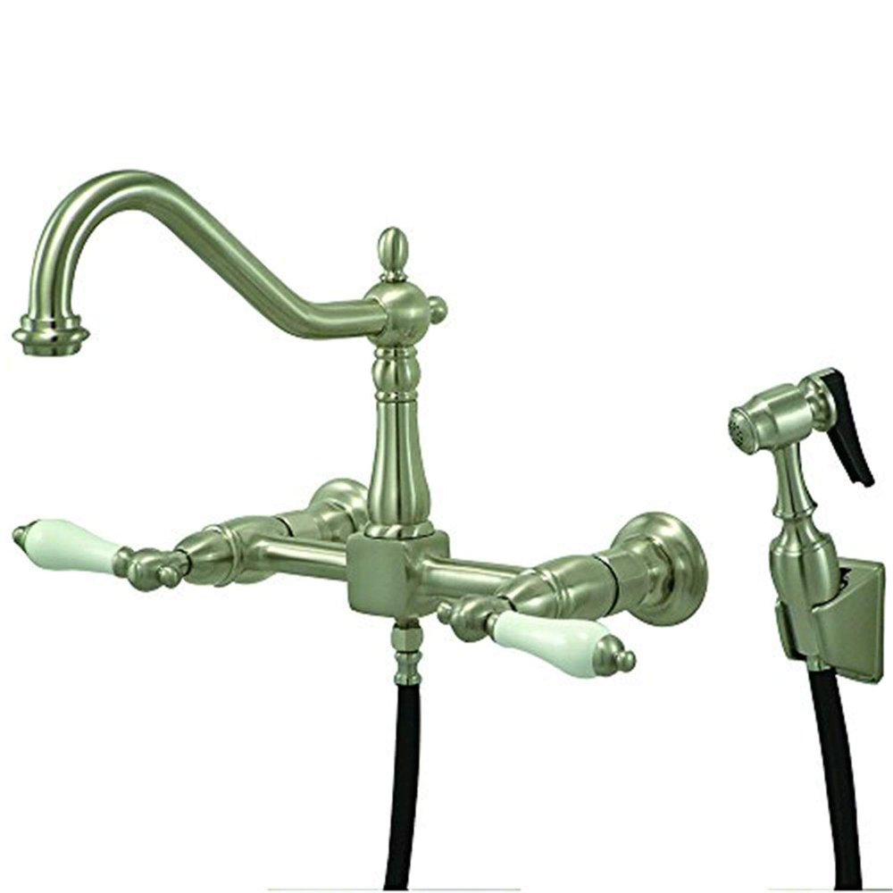 Kingston Brass KS1248PLBS Heritage Wall Mount Bridge Kitchen Faucet with Brass Spray, Brushed Nickel