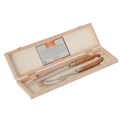 Jean Dubost Laguiole 2-Piece Carving Set, Olive Wood Handles - Rust-Resistant Stainless Steel - Includes Clasp Box - Made in France
