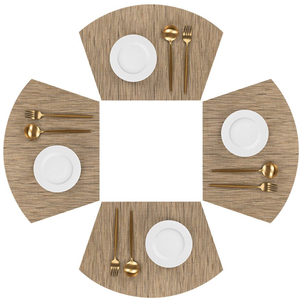 SHACOS Wedge Shape Placemats Set of 4 Woven Vinyl Round Table Placemat Curved Place Mats Wipe Clean Dining Table Mats Home Table Decor (4, Tan)