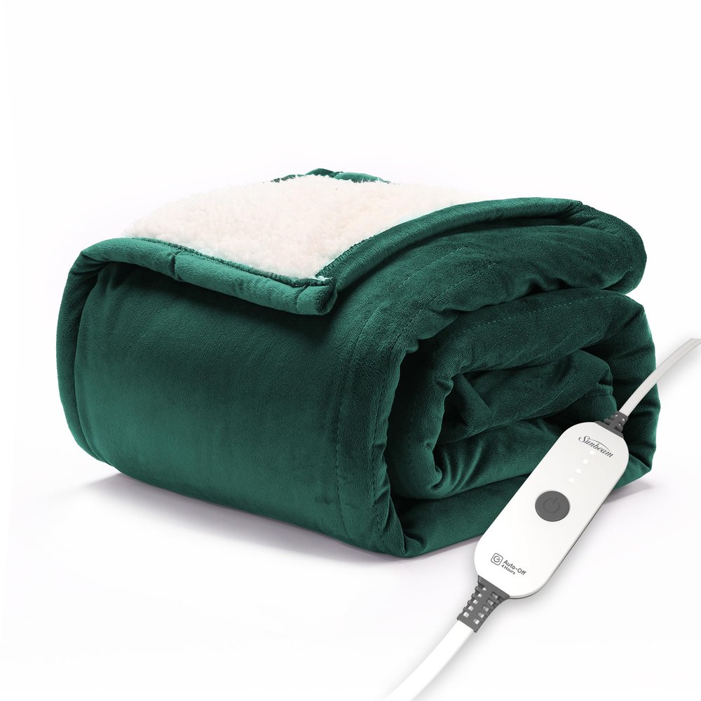 Sunbeam Electric Throw Royal Mink Sherpa Heated Blanket, 4 Heat Settings, 4-Hour Auto Shut-Off, Fast Heating, Luxurious and Ultra Comfy, Botanical Green Color, 50" x 60"