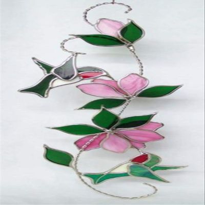 Stained Glass Hummingbird Suncatcher with Pink Flowers 17 Vertical Hanging Panel Two Ruby-Throated Hummingbirds on Twisted Vine Real Stained Glass with Silver Finish from SassyXpressions