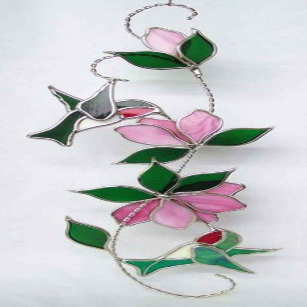 Stained Glass Hummingbird Suncatcher with Pink Flowers 17 Vertical Hanging Panel Two Ruby-Throated Hummingbirds on Twisted Vine Real Stained Glass with Silver Finish from SassyXpressions