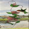 Stained Glass Hummingbird Suncatcher with Pink Flowers  17 Vertical Hanging Panel  Two Ruby-Throated Hummingbirds on Twisted Vine  Real Stained Glass with Silver Finish  from SassyXpressions view 2