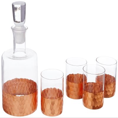 Fitz and Floyd Daphne Decorative Whiskey Decanter Set with Top Glass for Wine, Bourbon, Brandy, Liquor, 5 Piece, Copper