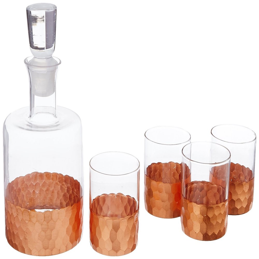 Fitz and Floyd Daphne Decorative Whiskey Decanter Set with Top Glass for Wine, Bourbon, Brandy, Liquor, 5 Piece, Copper