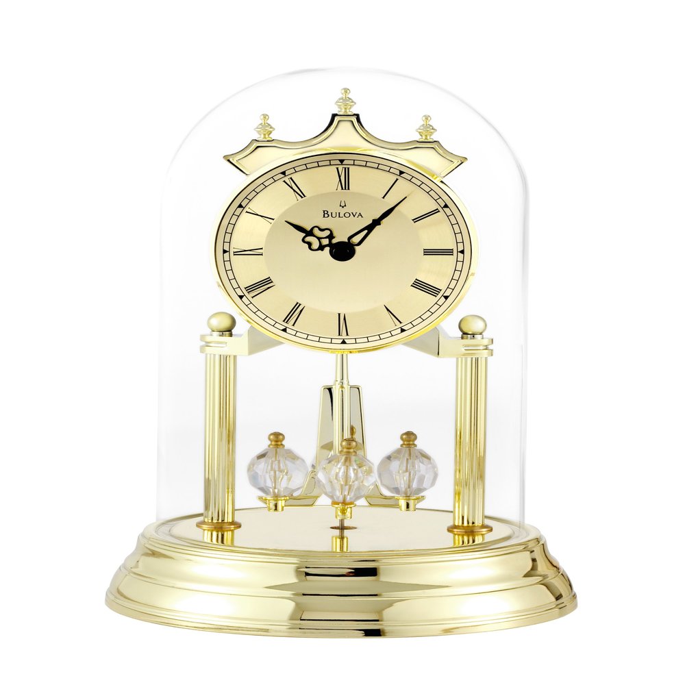 Bulova Tristan I Desk and Table Clock | Model B8818 | Polished Brass Finish | Polished Metal Base | Floating Dial | Roman Numerals | Elegant Pendulum Design