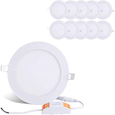 BRILLIHOOD 12W 6-inch Ultra-Thin Round LED Recessed Ceiling Panel Down Light with Driver, 1,000 Lumens, 80W Incandescent Equivalent, Home, Office, Commercial Lighting - Pack of 10, 5000K Daylight