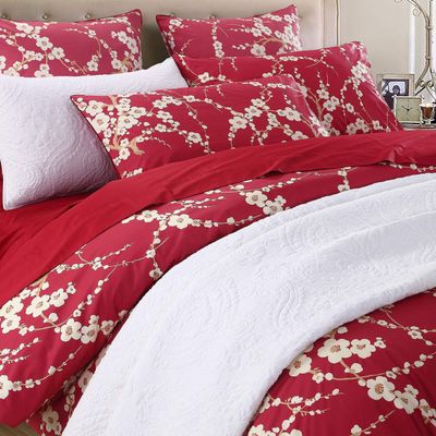Brandream King Size Duvet Cover Set Japanese Oriental Style Cherry Floral Red Blossom Flower Branches Print Chinoiserie Bedding Pillowcases Set 800TC Egyptian Cotton Sateen Botanical Tree 3 Piece