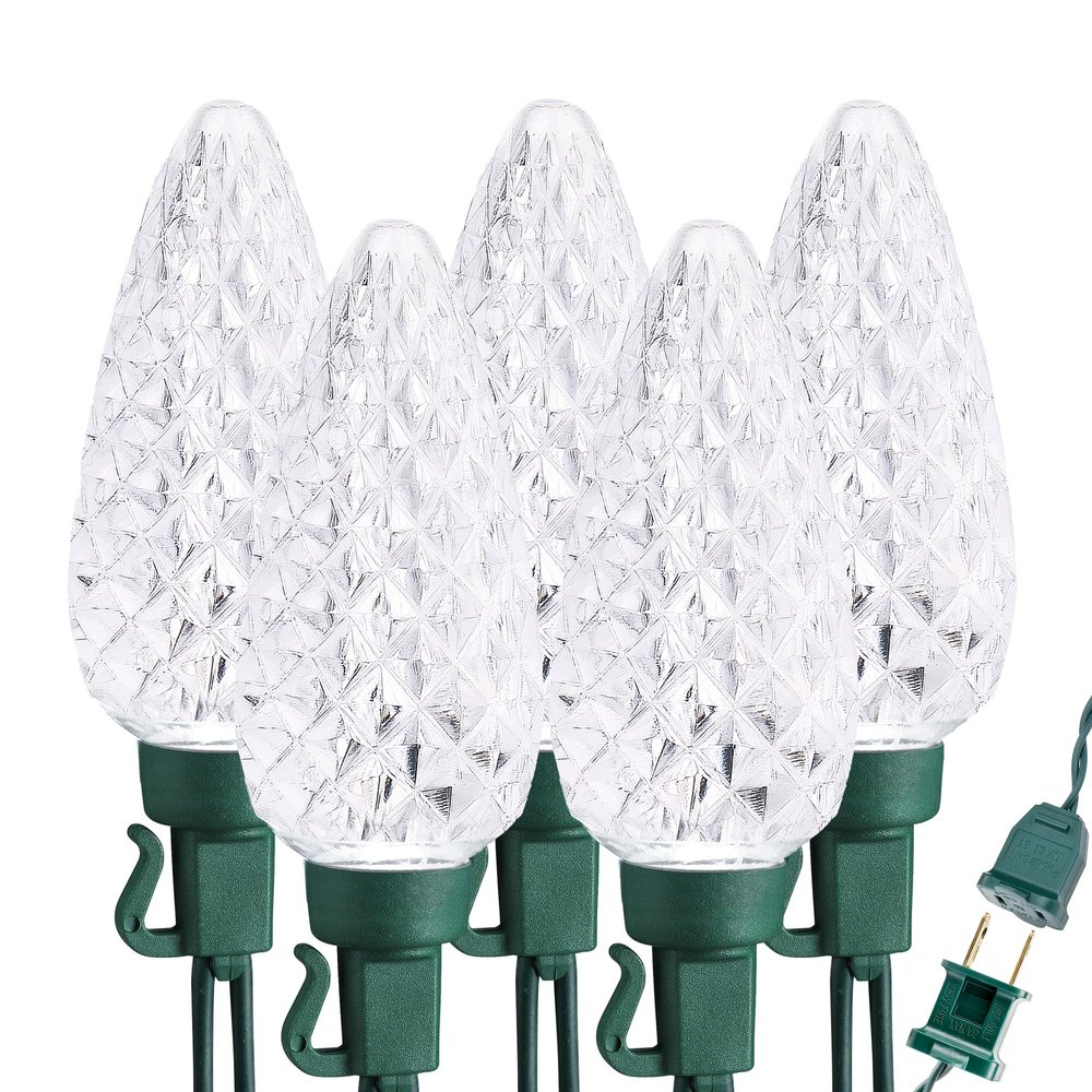 Brizled C9 Christmas Lights Cool White 16FT 25 LED 120V UL Certified Faceted Outdoor Christmas String Lights Connectable Xmas Tree Light for Tree, Holiday, House, Roof Decor