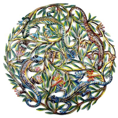 Global Crafts 24" Recycled Hand-Painted Haitian Metal Wall Art, Painted Four Geckos