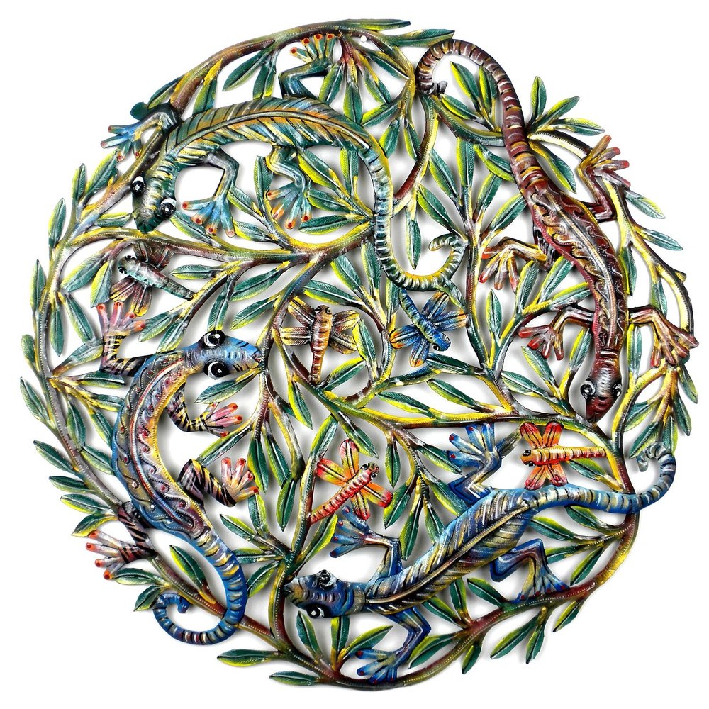 Global Crafts 24" Recycled Hand-Painted Haitian Metal Wall Art, Painted Four Geckos