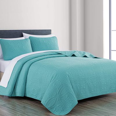 Chezmoi Collection Austin 3-Piece Oversized Bedspread Coverlet Set (King, Turquoise)