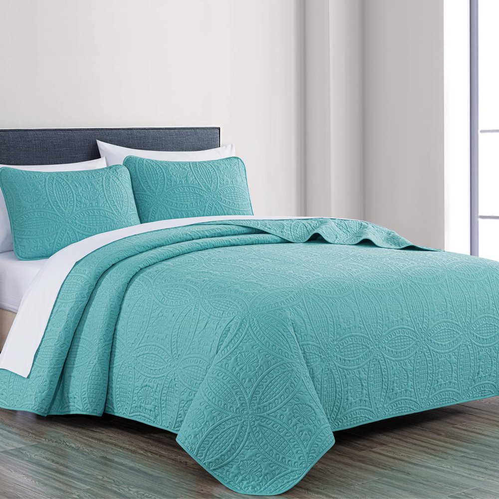 Chezmoi Collection Austin 3-Piece Oversized Bedspread Coverlet Set (King, Turquoise)