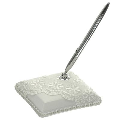 DivaDesigns Lace Organza Wedding Guest Book Pen and Pen Stand Ivory