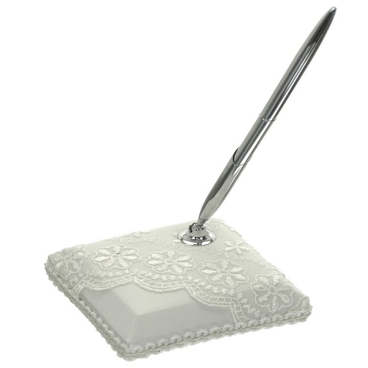 DivaDesigns Lace Organza Wedding Guest Book Pen and Pen Stand Ivory