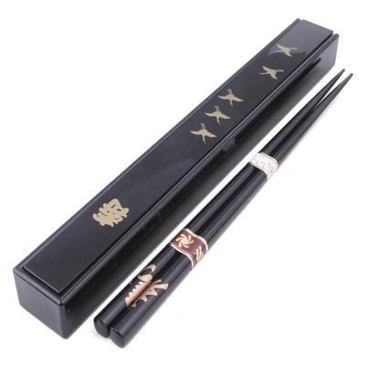 Happy Sales HSKS1/B, Japanese Black Chopsticks Set with Case - Crane Design Black