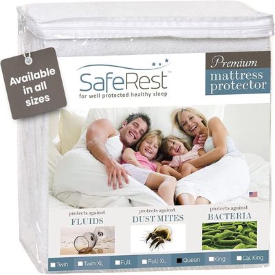 SafeRest Waterproof Queen Size Mattress Protector - Fitted with Stretchable Pockets - Machine Washable Cotton Blend Mattress Cover for Bed