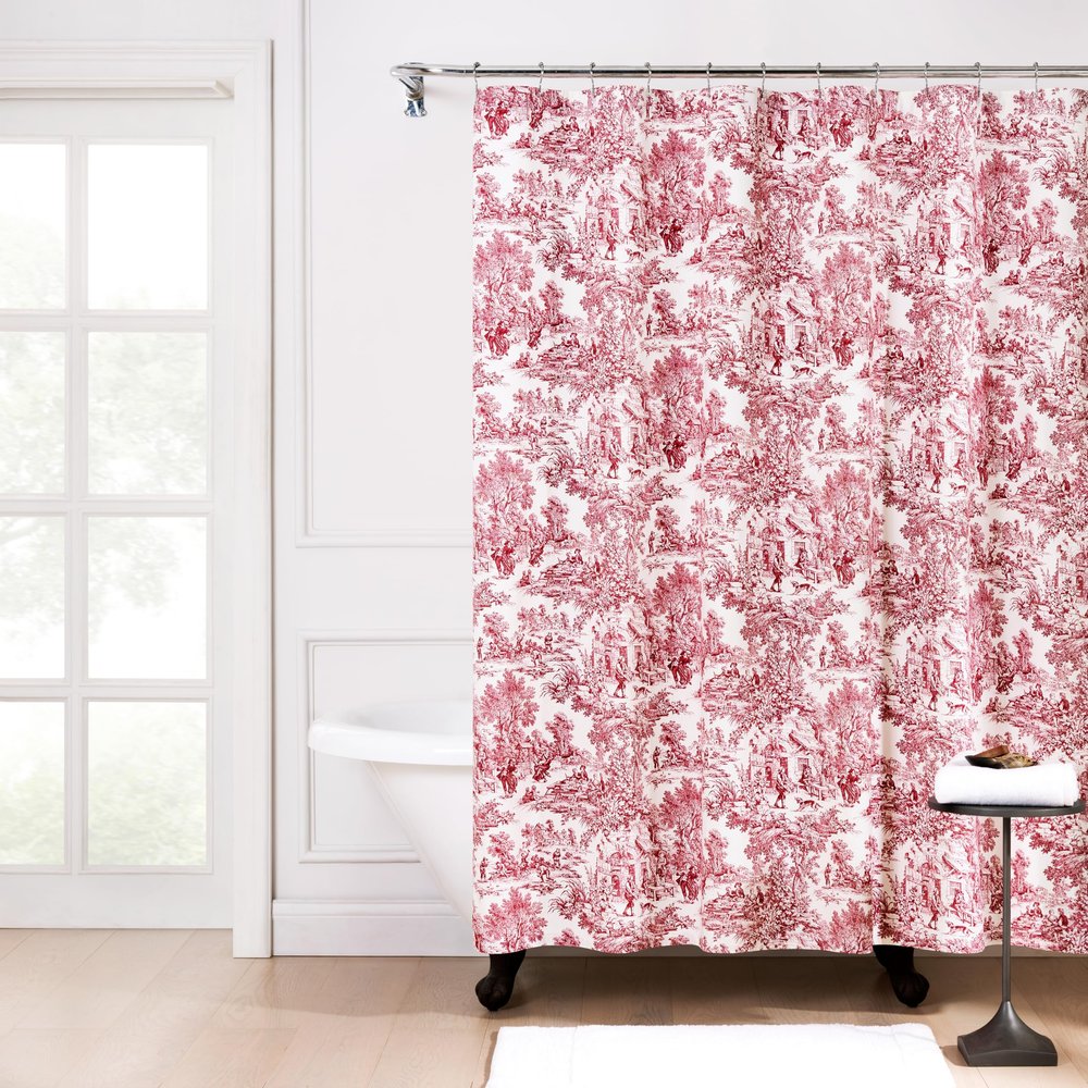 Victoria Park Toile Bathroom Shower Curtain, Red