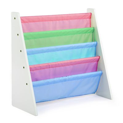 Humble Crew 4-Tier Kids Bookshelf, White Wood/Pastels - Premium Book Shelf for Kids Rooms with Four Deep Pockets - Toddler Sling Book Rack with Deep Sleeves, Nursery Bookcase Organizer