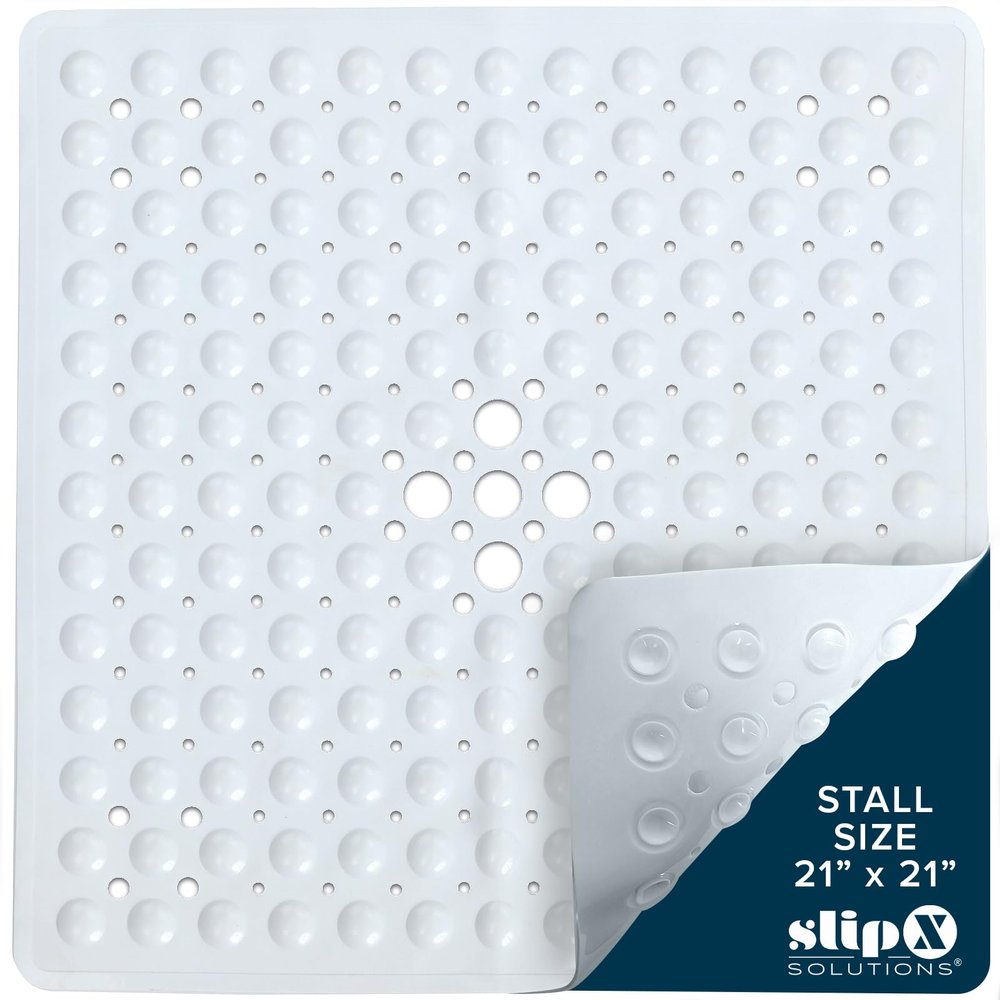 SlipX Solutions Essential Square Shower Mat, 21"x21", Grippy Textured Surface, 25% Stronger Suction Cups, Non-Slip Shower Floor Mat for Bathers of All Ages, Fits Standard Shower Stalls & Tubs, White