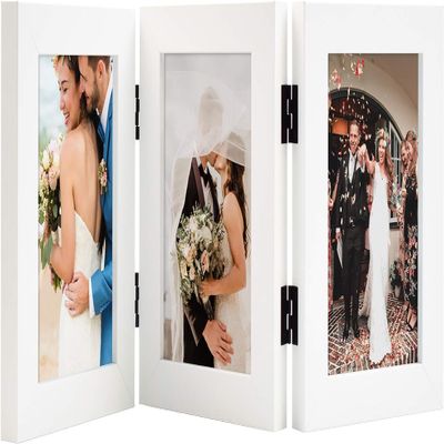 Golden State Art, 4x6 Three Picture Frame Trifold Hinged Photo Frame with 3 Openings, Desk Top Family Picture Collage, with Real Glass (4x6 Triple, White, 1-Pack)