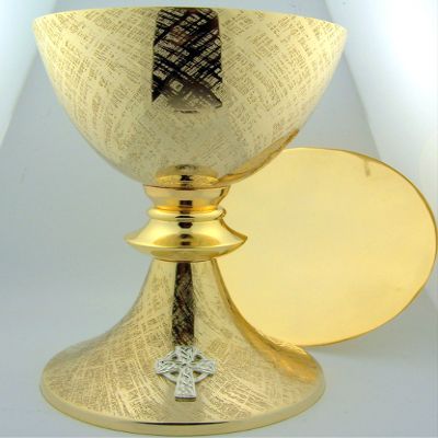 Big 8 1/4" Church Chapel Gold Gilded Priest Celtic Chalice & Paten Pastor Gift