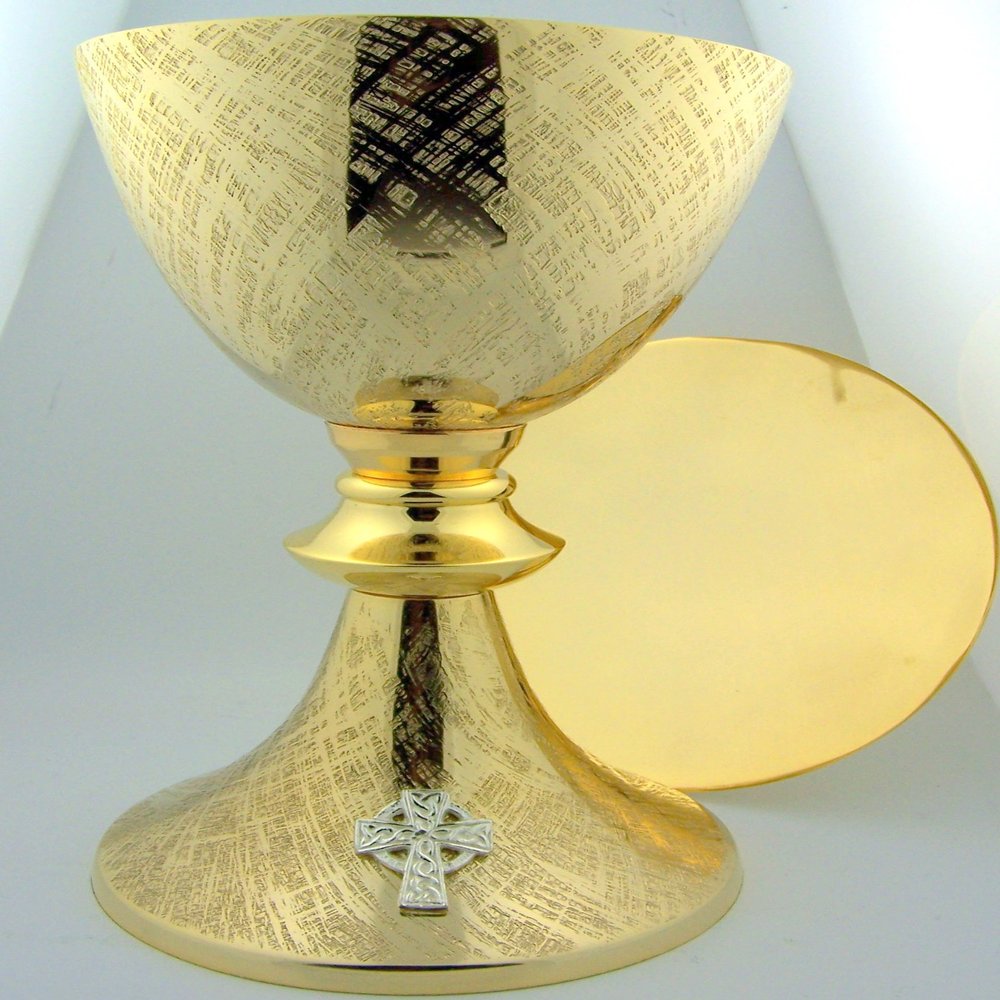 Big 8 1/4" Church Chapel Gold Gilded Priest Celtic Chalice & Paten Pastor Gift
