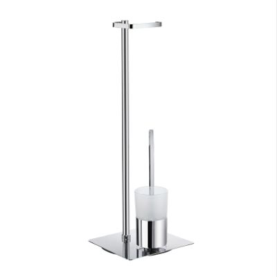 Smedbo FK322 Toilet Roll Holder (Freestanding)/Toilet Brush With Frosted Glass Container, Polished Chrome/Frosted Glass