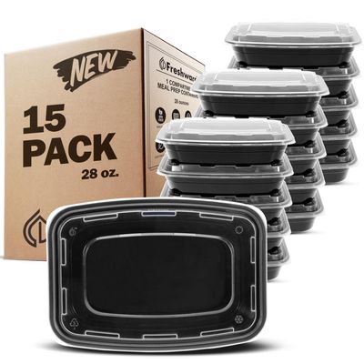 Freshware Meal Prep Containers 15 Count (Pack of 1) Compartment Food Storage Containers with Lids, Bento Box, BPA Free, Stackable, Microwave/Dishwasher/Freezer Safe (28 oz) (Color May Vary)