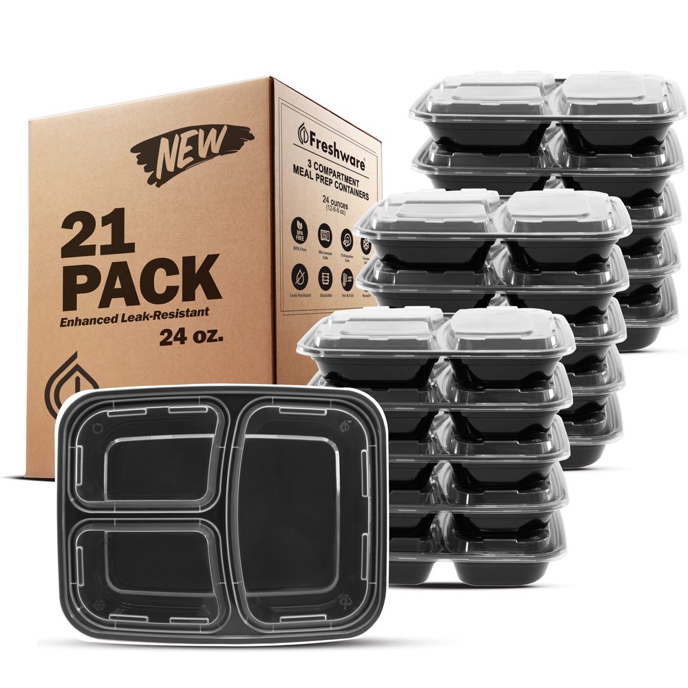 Freshware Meal Prep Containers [21 Pack] 3 Compartment with Lids, Food Storage Containers, Bento Box, Stackable, Microwave/Dishwasher/Freezer Safe (24 oz)