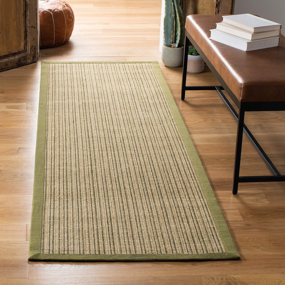 SAFAVIEH Natural Fiber Collection Runner Rug - 2'6" x 8', Green & Green, Border Stripe Sisal Design, Easy Care, Ideal for High Traffic Areas in Living Room, Bedroom (NF442A)