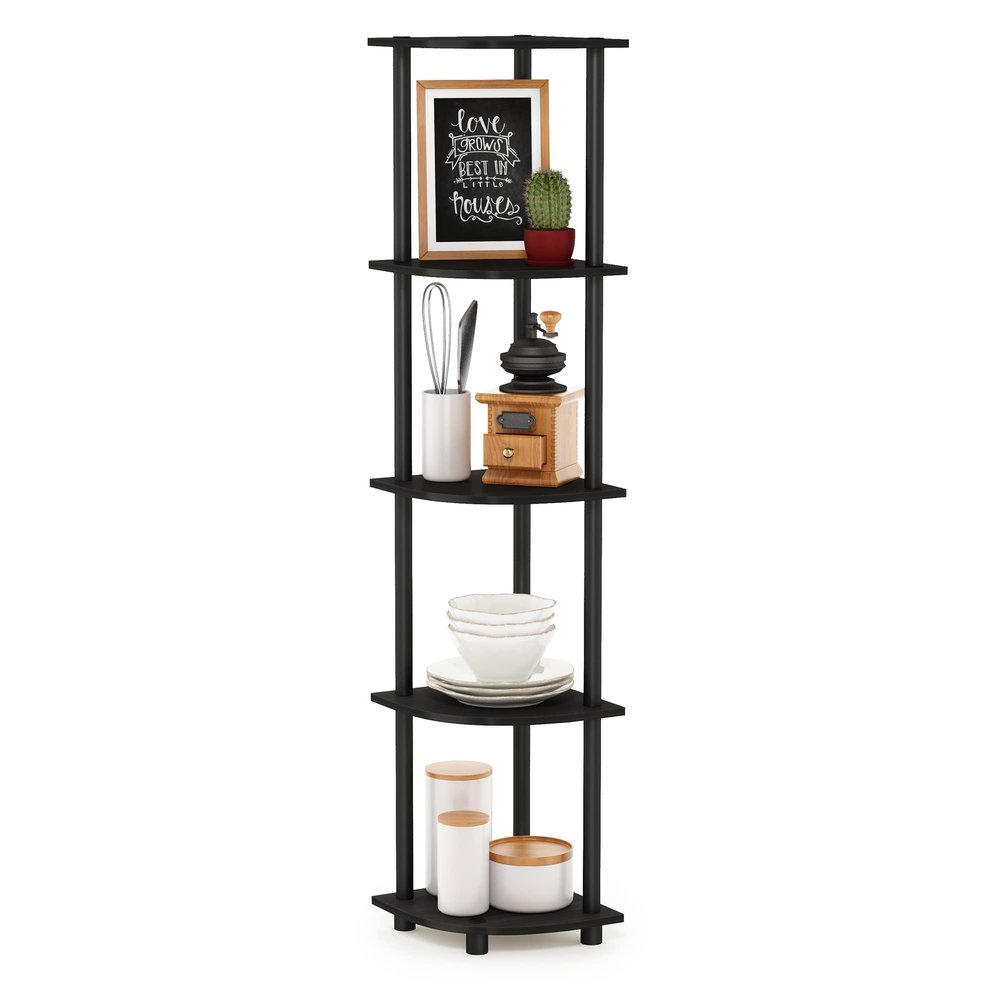Furinno TURN-N-TUBE Corner Shelf, 5-Tier Corner Bookshelf, Open Storage Shelves, for Organization and Storage, Living Room, Home Office, Garage, Bedroom, Espresso