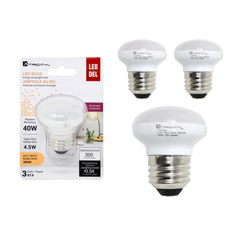Xtricity R14 Dimmable LED Light Bulbs, E26 Base, 4.5W (40 Watt Equivalent), 3000k Soft White, 300 Lumens  Curio Cabinet Lighting, China Cabinet Lights - Mini Light Bulbs, RoHS Compliant (3 Pack)