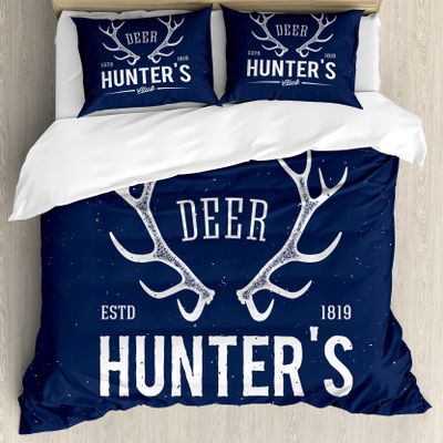 Ambesonne Hunting Duvet Cover Set, Deer Hunter's Club Logo Design Antlers Retro Typography Shabby Style, Decorative 3 Piece Bedding Set with 2 Pillow Shams, Queen Size, Blue Ivory