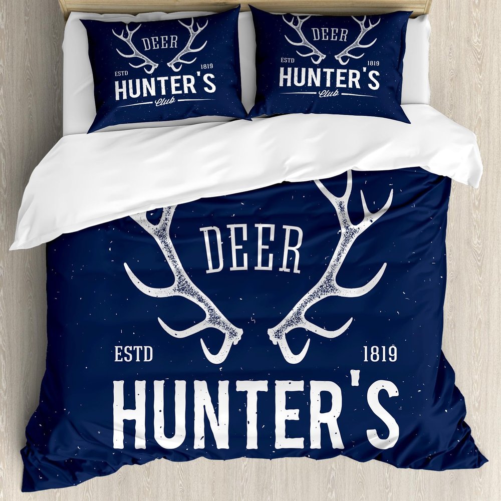 Ambesonne Hunting Duvet Cover Set, Deer Hunter's Club Logo Design Antlers Retro Typography Shabby Style, Decorative 3 Piece Bedding Set with 2 Pillow Shams, Queen Size, Blue Ivory