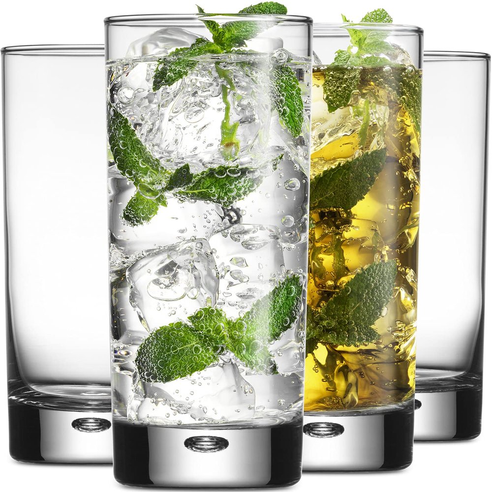 Home Essentials & Beyond Highball Glasses set of 4, 17 oz Drinking Glasses, Red Series Heavy Bubble Base