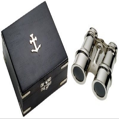Nickel Plated Brass Binoculars w/ Wood Box