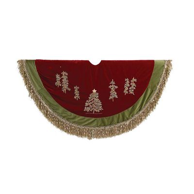 Kurt Adler 50-Inch Burgundy Ribbon Trees Tree Skirt with Green Tassel Border